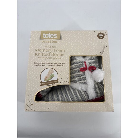 New TOTES TOASTIES Womens Size 7-8 Memory Foam Knitted Bootie Pom Poms Grey - Picture 1 of 4